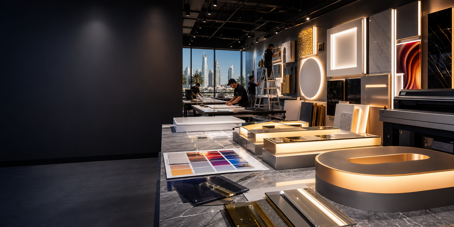 Premium signage fabrication studio with illuminated signs and branding materials